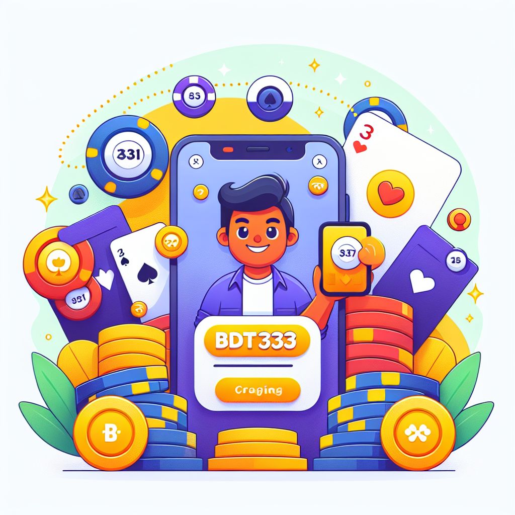 BDT333 app cartoon character holding a smartphone with casino-style graphics