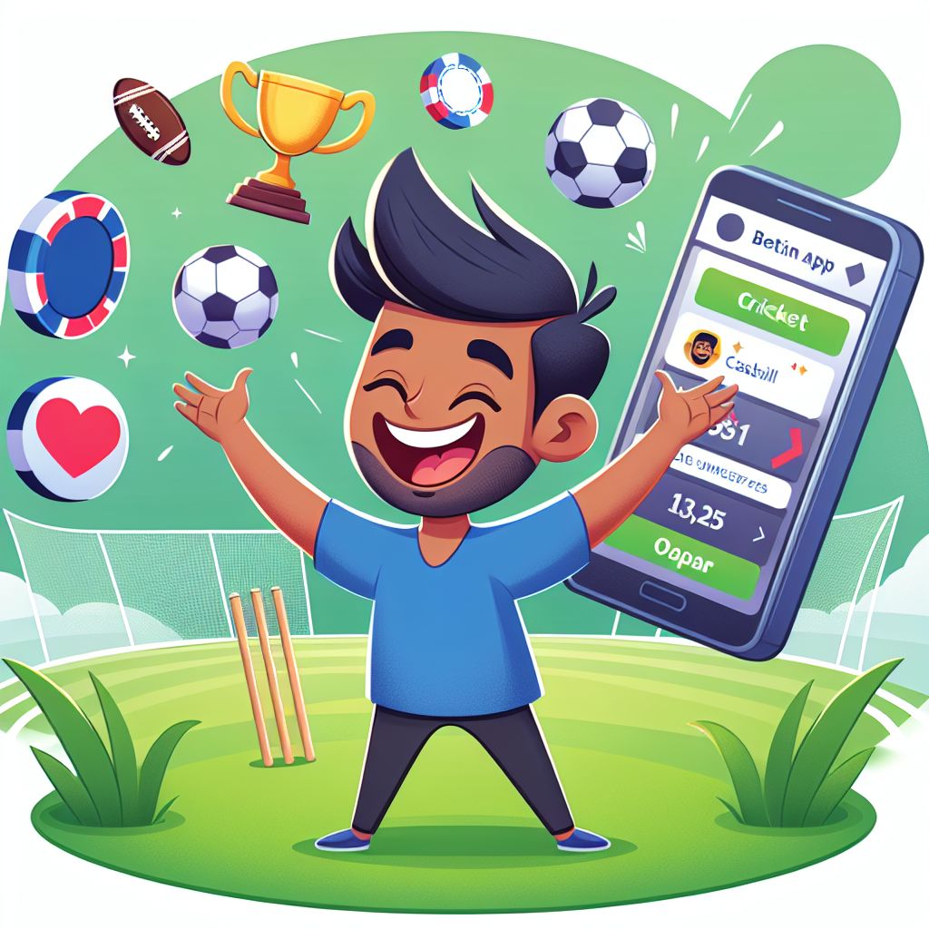 Cartoon Bangladeshi character using a betting app on a smartphone with sports icons around