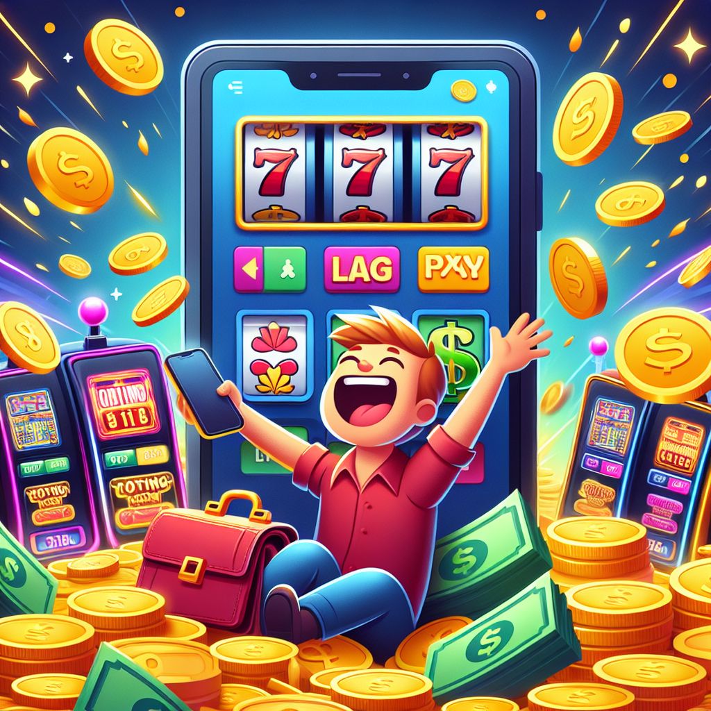 Cartoon character spinning colorful online slot reels with coins flying around